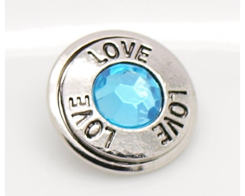 Button kovový s broušeným cabochonem, vzor Love 18mm - barva platina/modrá, 1kus