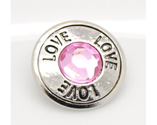 Button kovový s broušeným cabochonem, vzor Love 18mm - barva platina/růžová, 1kus