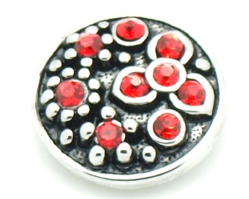 Button kovový s kamínky, vzor Květina 20mm - barva stříbrná antik/červená, 1kus