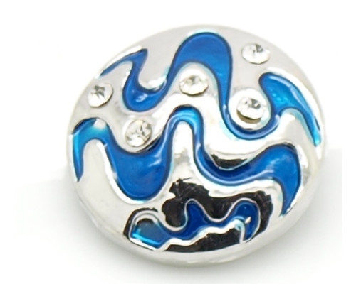 Button kovový se smaltem a kamínky, vzor Vlnka 20mm - barva platina/modrá/čirá, 1kus
