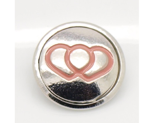 Button kovový se smaltem, vzor Srdce 18mm - barva platina/růžová, 1kus
