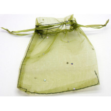 Ozdobný sáček z organzy zdobený kamínky, 12x10cm - barva olivově zelená, 2ks