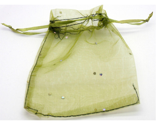 Ozdobný sáček z organzy zdobený kamínky, 12x10cm - barva olivově zelená, 2ks