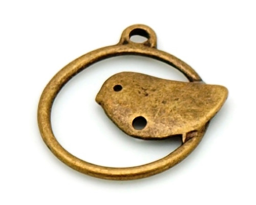 Kovodíl - přívěsek, barva antik bronz 2ks - ptáček v kruhu